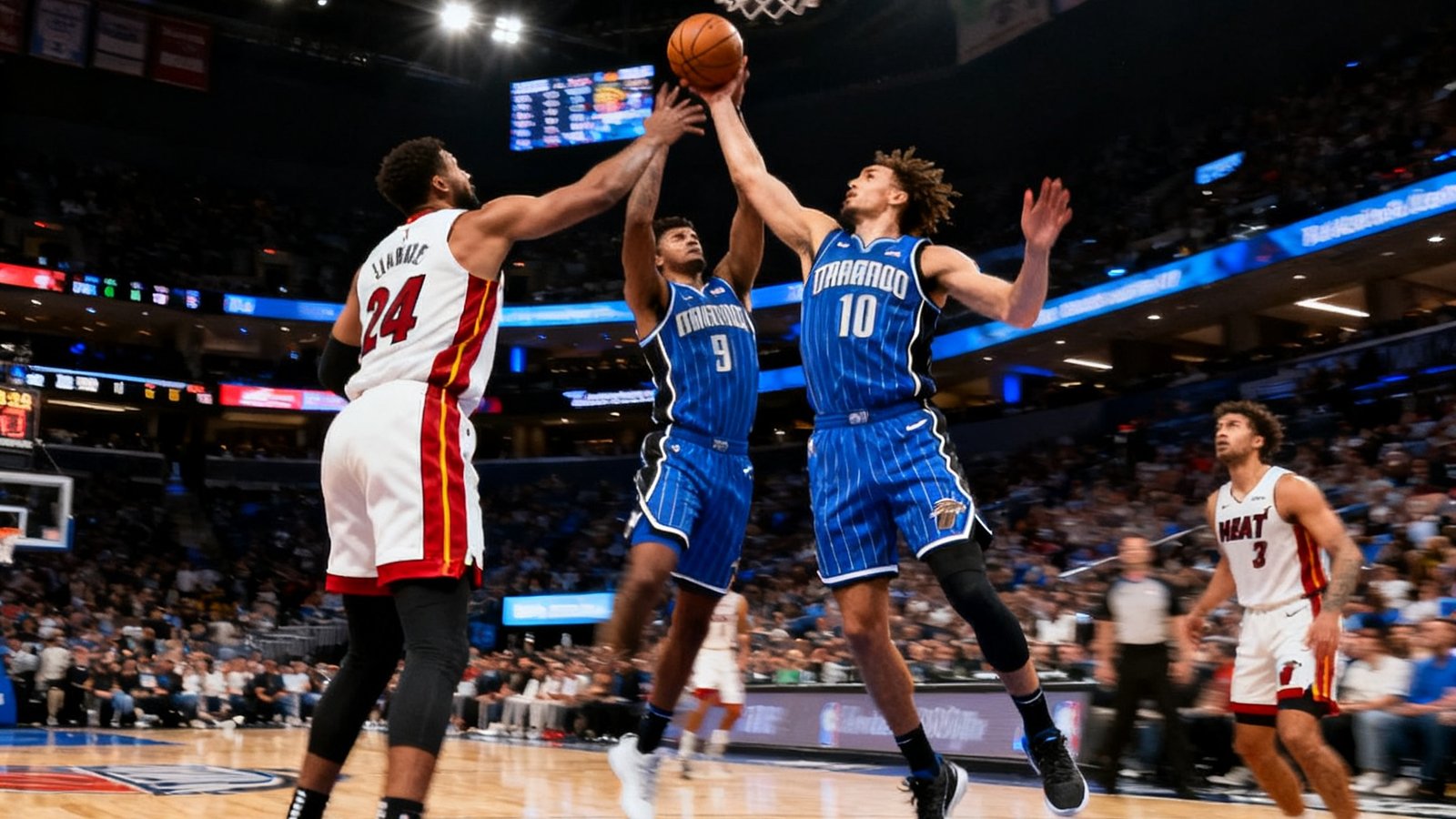 热火队与魔术队NBA常规赛的高清直播画面，球员在场上激烈对抗，场馆灯光璀璨，画面清晰度达到1080P级别